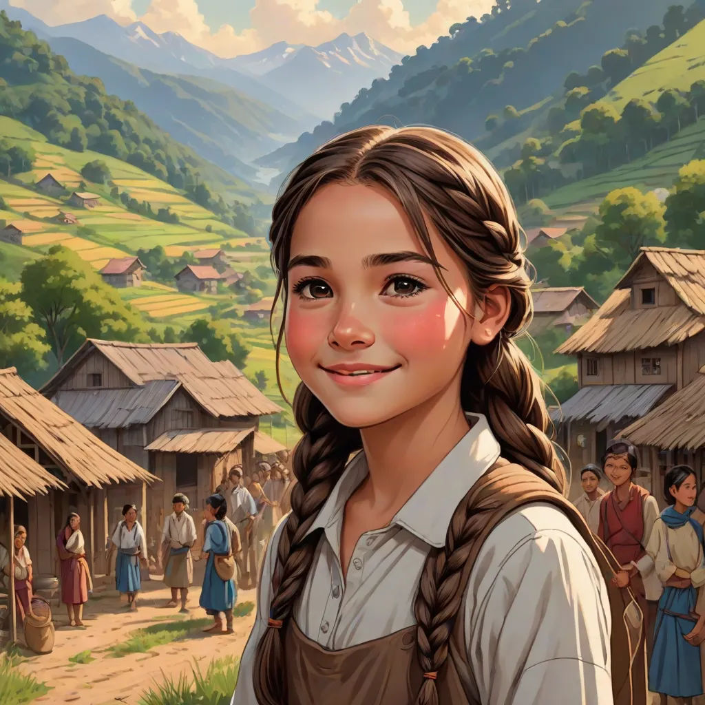 a painting of a girl in a village with a crowd of people around her and a mountain in the background, Bob Byerley, magical realism, a storybook illustration, official art