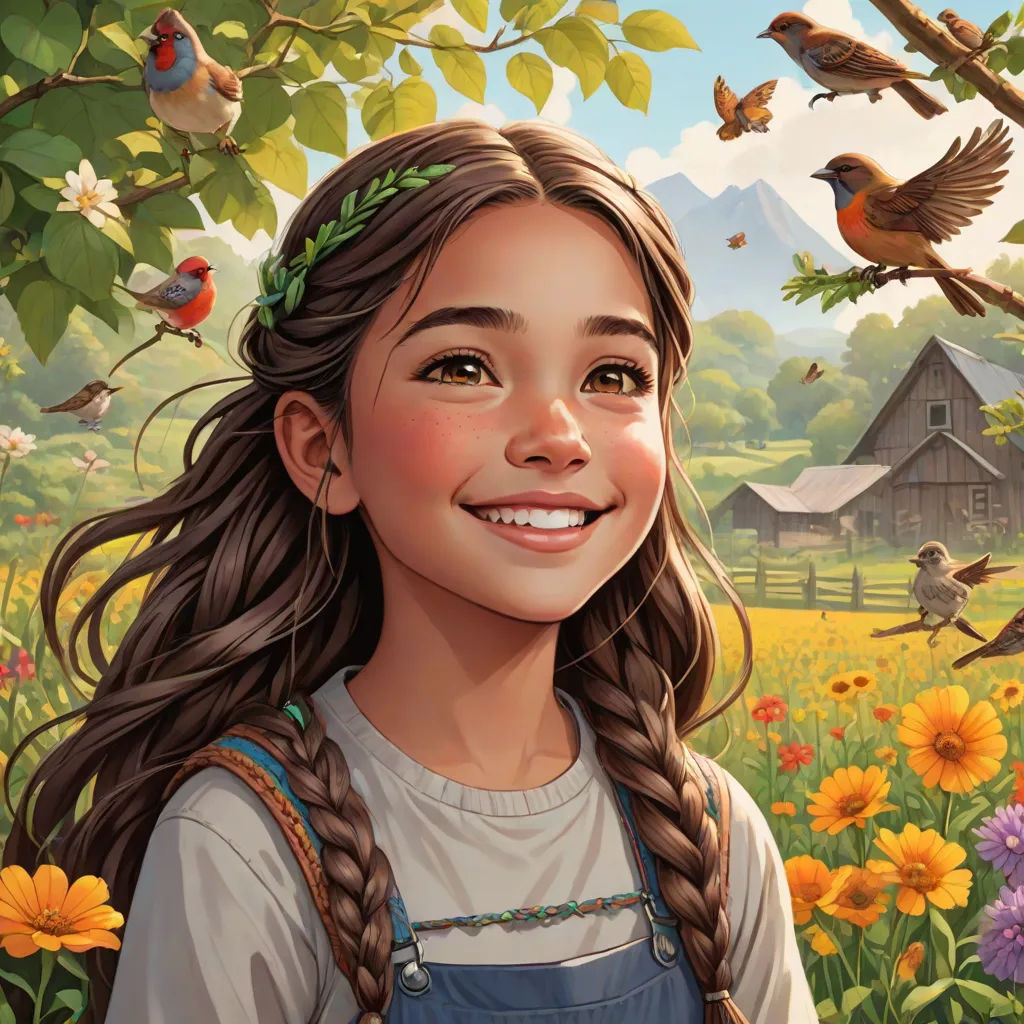 a painting of a girl with long hair and a bird in her hand, standing in a field of flowers, Bob Byerley, american scene painting, a storybook illustration, trending on art station