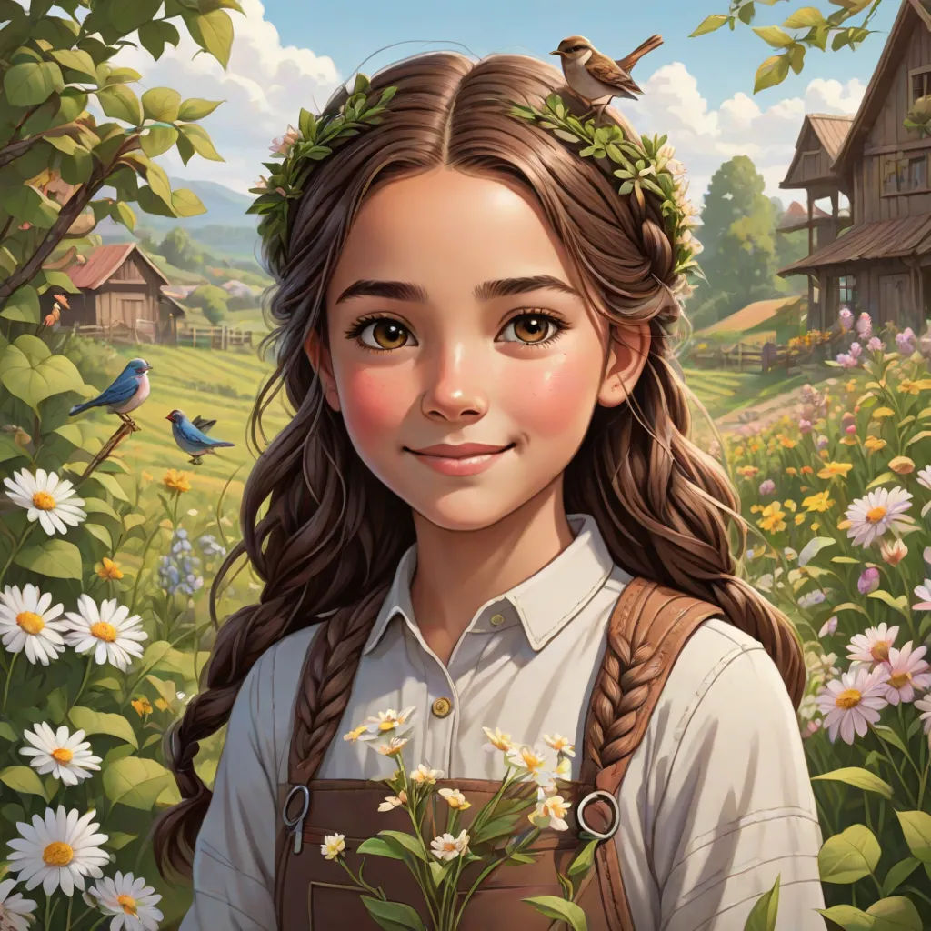 a painting of a girl with a bird on her shoulder and flowers in her hair, standing in a field of daisies, Alice Prin, fantasy art, a storybook illustration, trending on art station