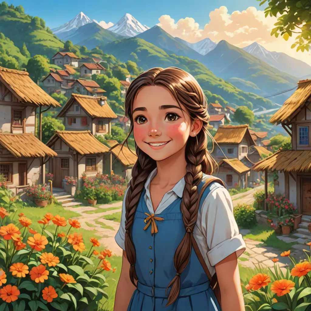 a girl in a blue dress standing in front of a village with flowers and mountains in the background and a bird flying over her head, Claire Falkenstein, magical realism, a storybook illustration, kinkade