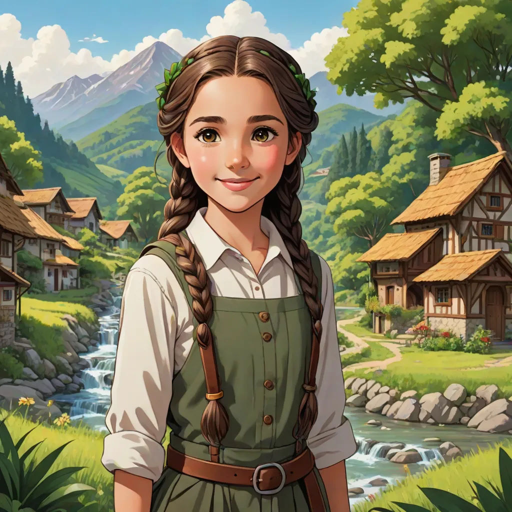 a girl in a green dress standing in front of a mountain village with a stream and houses in the background, Claire Falkenstein, fantasy art, a character portrait, kinkade