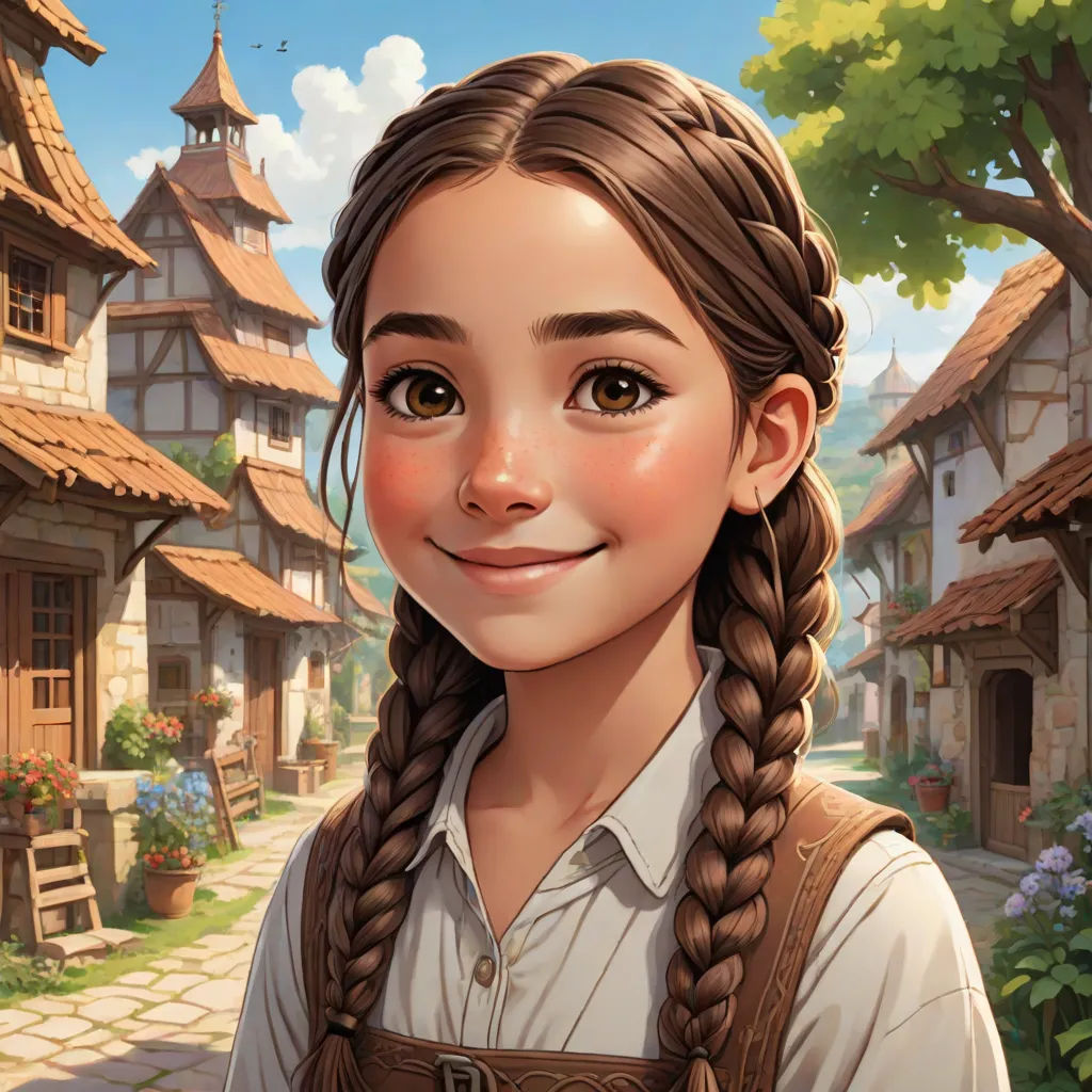 a girl with braids and a white shirt in front of a village with a tree and flowers on the side, Claire Falkenstein, fantasy art, a character portrait, kinkade