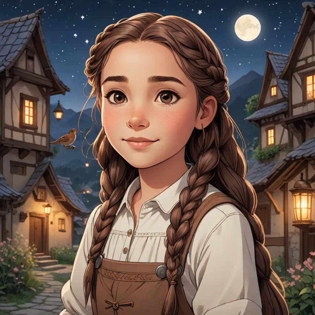 a girl with long hair and braids standing in front of a house at night with a bird flying over her shoulder, Anne Said, fantasy art, a character portrait, kinkade