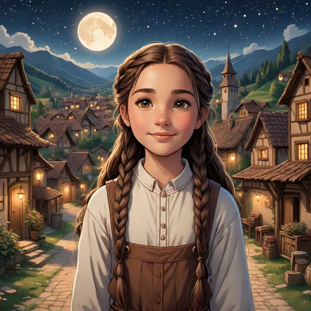 a girl with long braids standing in front of a village at night with a full moon in the sky, Evaline Ness, fantasy art, a storybook illustration, kinkade