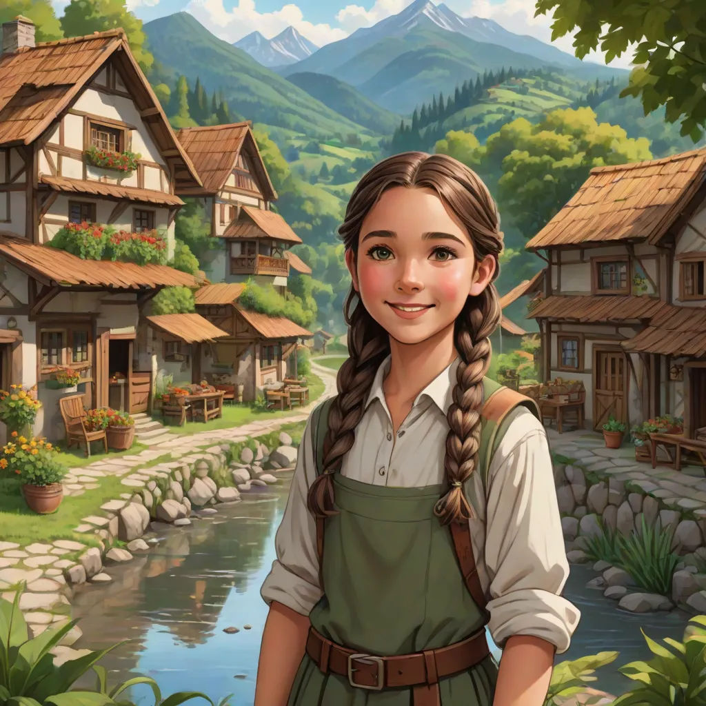 a girl in a green dress standing in front of a village with a river and mountains in the background, Bob Byerley, fantasy art, a storybook illustration, kinkade