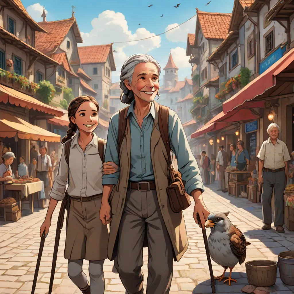 a man and a woman walking down a street with a bird on a stick in their hand and a bird on the ground, Clint Cearley, fantasy art, a storybook illustration, official art