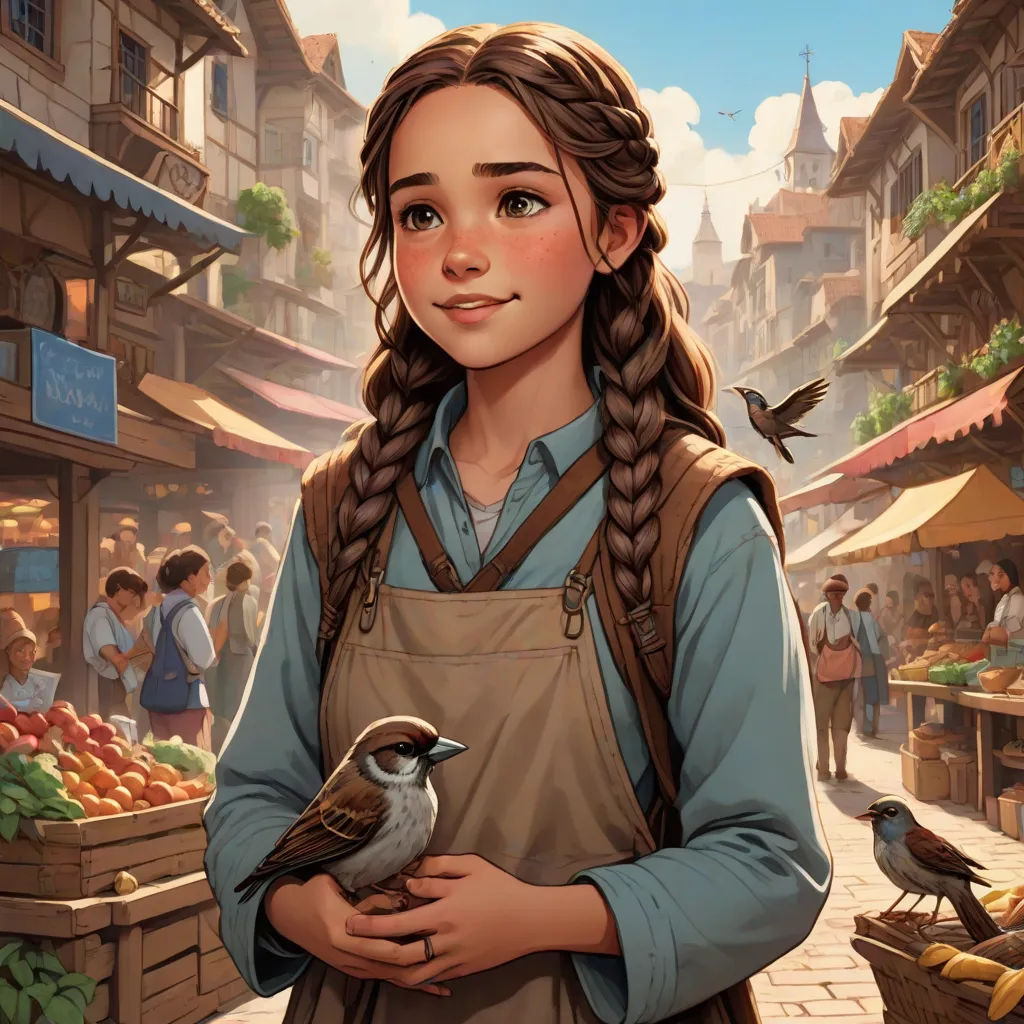 a painting of a girl holding a bird in a market place with a bird on her shoulder and a bird on her shoulder, Clint Cearley, fantasy art, a storybook illustration, kinkade