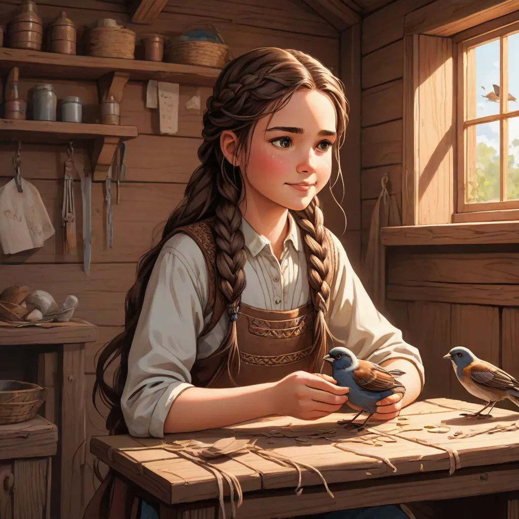 a girl sitting at a table with two birds on her hand and a bird on her shoulder, in front of a window, Anne Said, fantasy art, a storybook illustration, storybook illustration