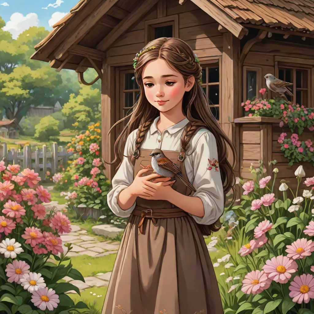 a girl in a brown dress holding a bird in her hands and a bird in her hand in front of a house, Alice Prin, fantasy art, a storybook illustration, storybook illustration