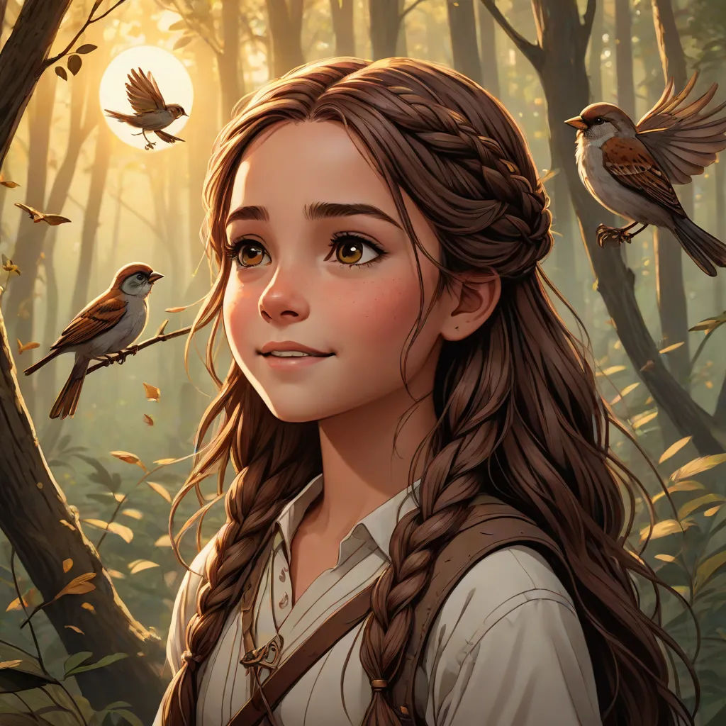 a girl with long hair standing in a forest with birds flying around her and a bird on her shoulder, Artgerm, fantasy art, a character portrait, stanley artgerm lau