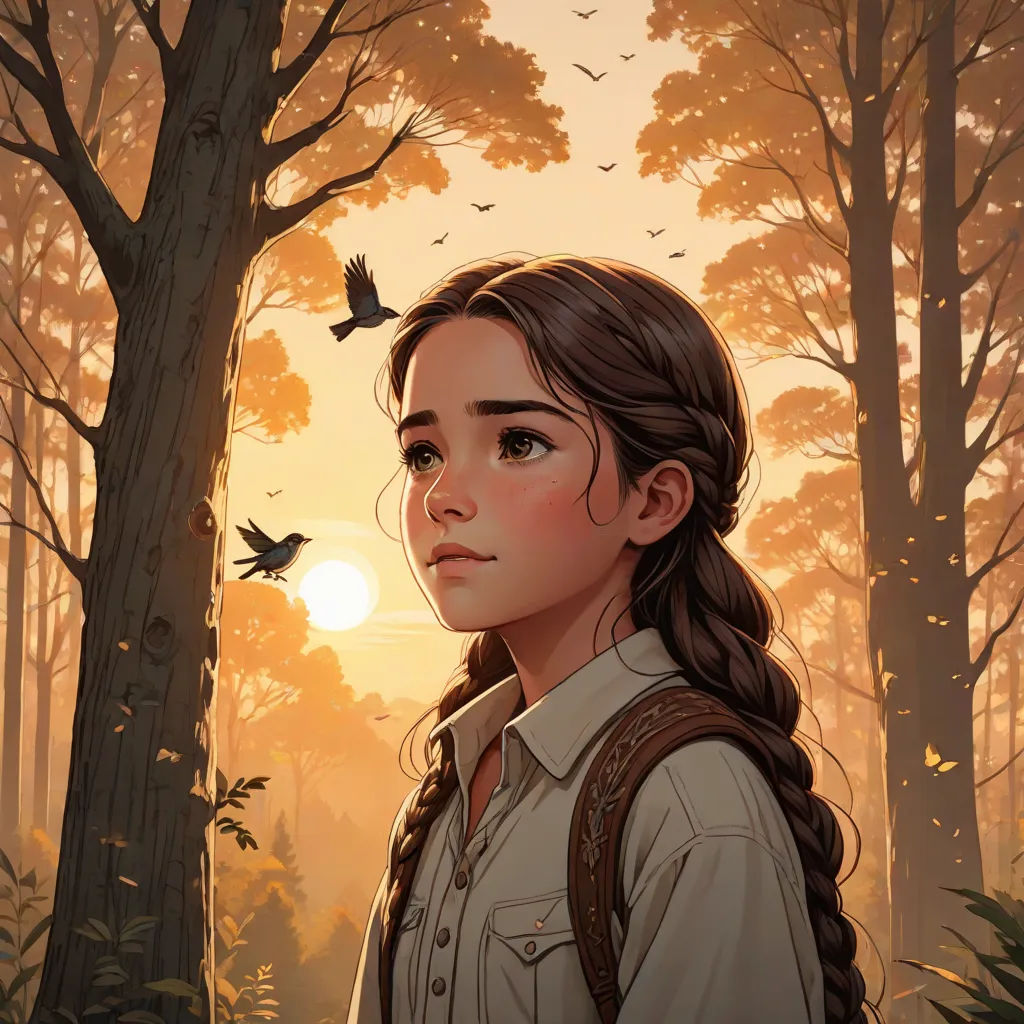 a girl with a braid standing in a forest with a bird flying overhead and a bird flying overhead in the sky, Cliff Childs, fantasy art, a character portrait, cushart krenz