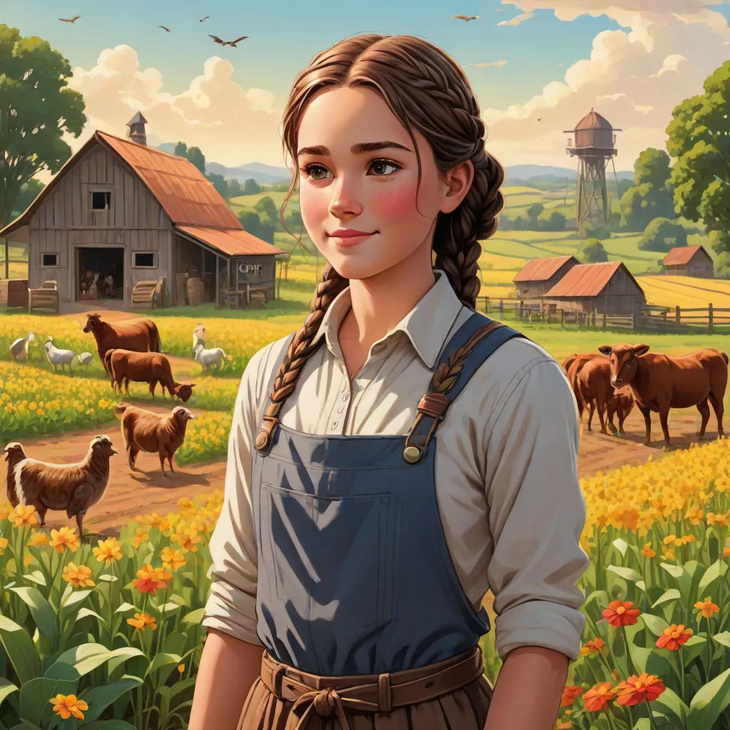 a painting of a girl standing in a field with cows in the background and a barn in the background, Andrea Kowch, american scene painting, a storybook illustration, official art