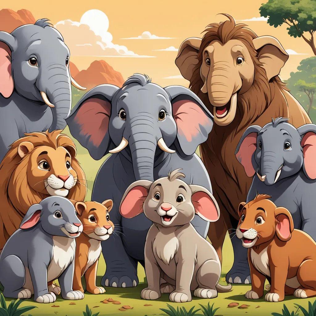 a group of elephants and lions in a field with trees and clouds in the background illustration by alex krapska, furry art, a storybook illustration, disney, official art
