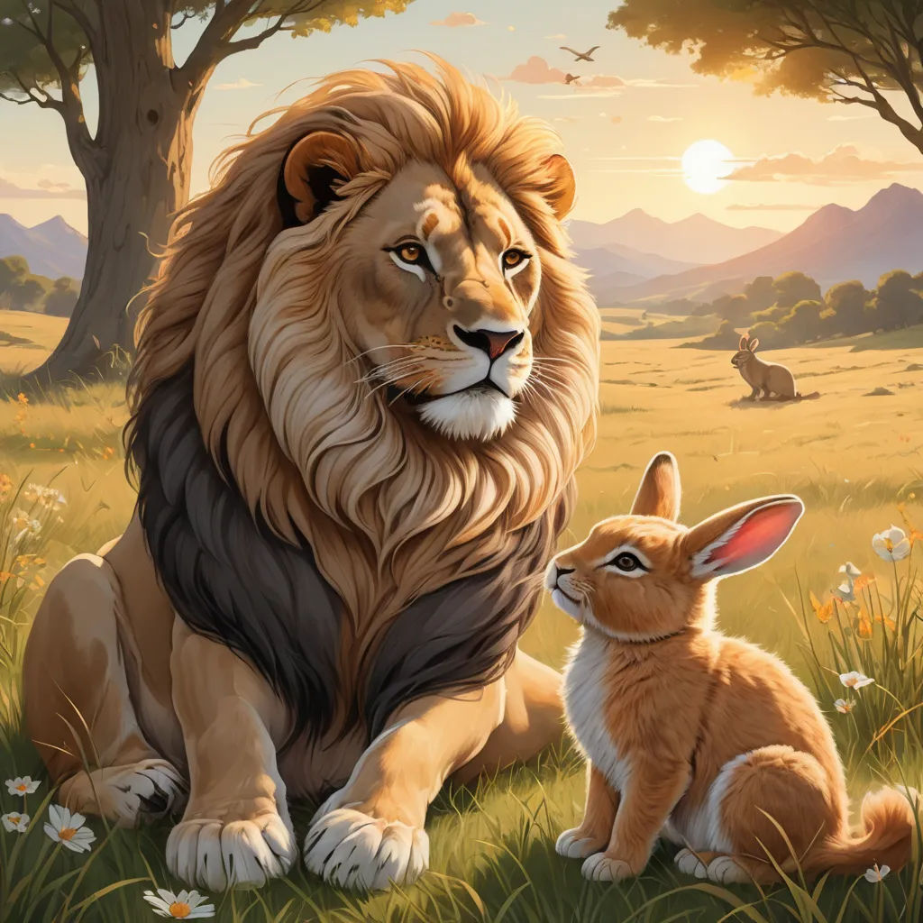 a lion and a rabbit sitting in a field of grass with trees in the background and a sunset in the background, furry art, a storybook illustration, Chris LaBrooy, furaffinity