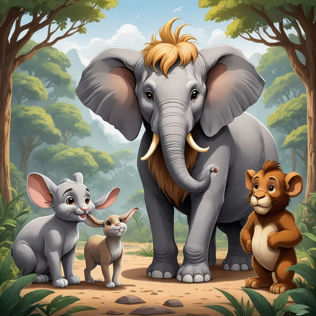 a group of animals standing in the middle of a forest with a baby elephant and an adult elephant standing next to it, sots art, a storybook illustration, Chris LaBrooy, highly detailed digital painting