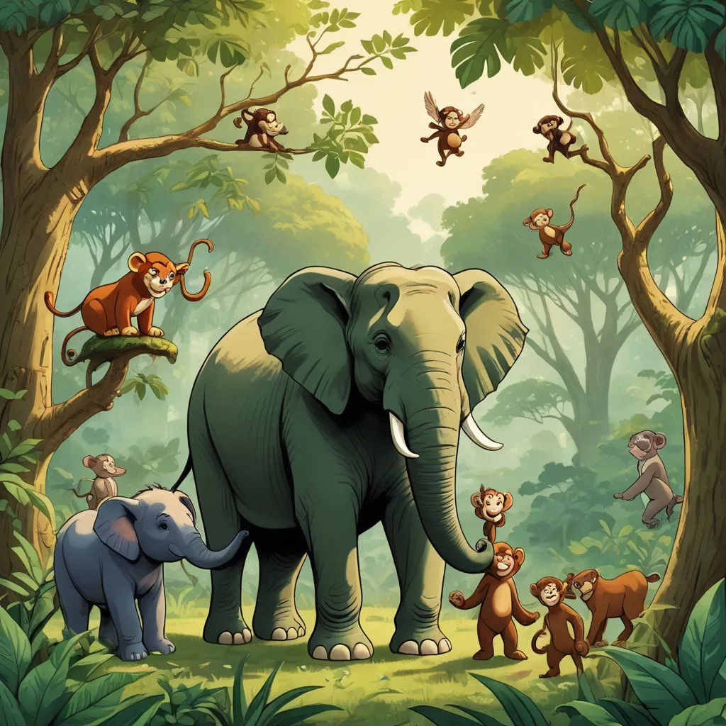 a group of animals in a jungle with monkeys and monkeys on the trees and a monkey on the ground, sumatraism, a storybook illustration, Chris LaBrooy, storybook illustration