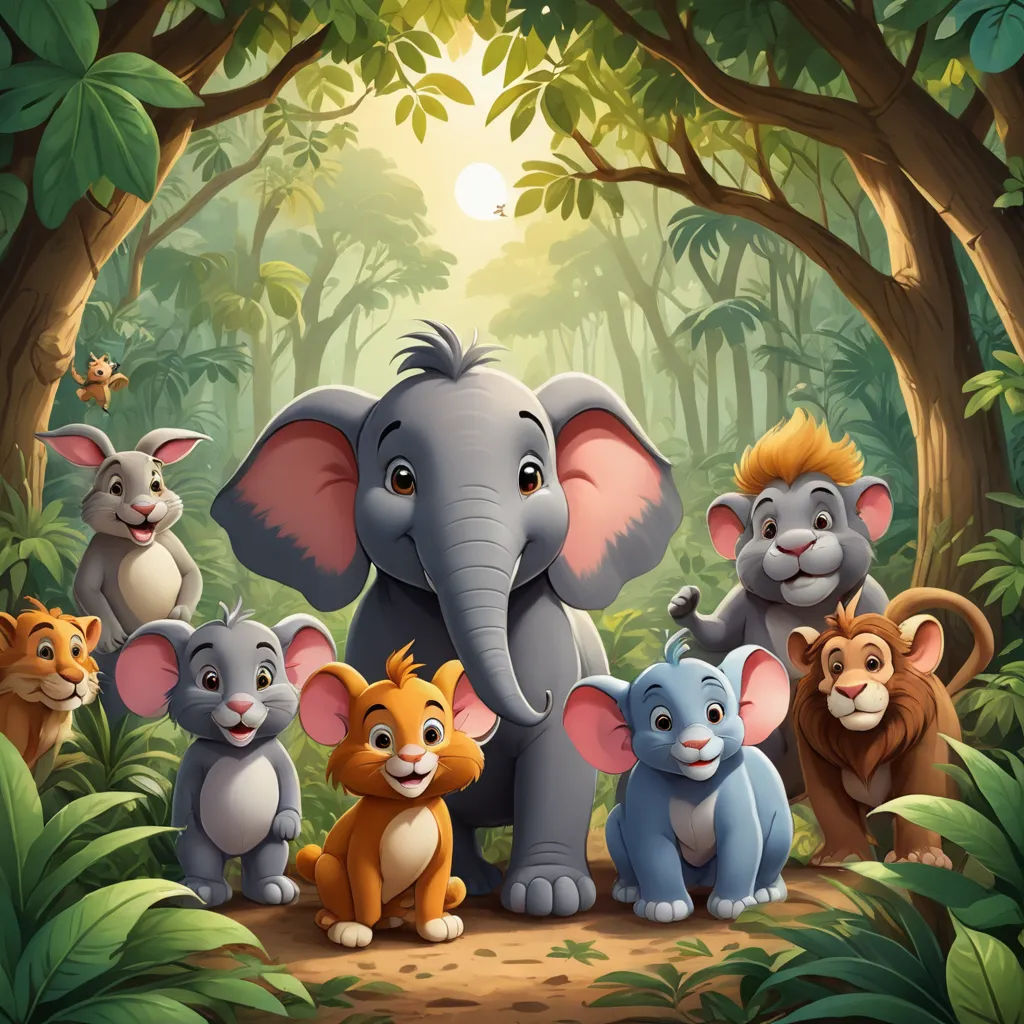 a group of animals standing in the jungle together with a sun in the background illustration by alex macor, sumatraism, a storybook illustration, disney, jungle