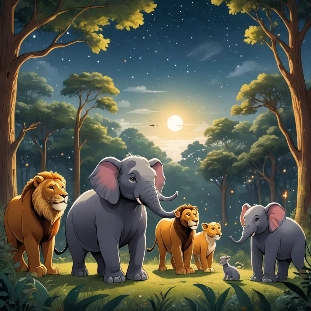 a group of elephants standing in the middle of a forest at night with a full moon in the background, lyco art, a storybook illustration, Chris LaBrooy, official art