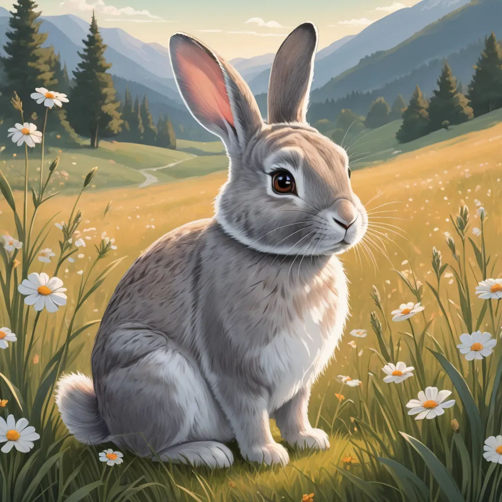a painting of a rabbit sitting in a field of flowers and daisies with mountains in the background and a sky with clouds, furry art, a digital painting, Chris LaBrooy, professional digital painting