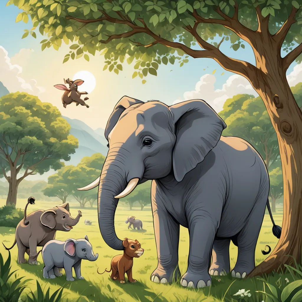 a group of elephants standing in a forest with a baby elephant in the foreground and a large elephant in the background, magical realism, a storybook illustration, Chris LaBrooy, storybook illustration