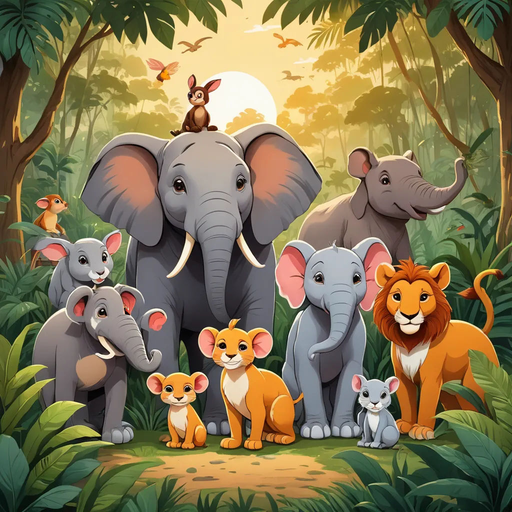 a group of animals standing in the jungle with a sun in the background and a monkey on top of the elephant, sumatraism, a storybook illustration, Chris LaBrooy, jungle