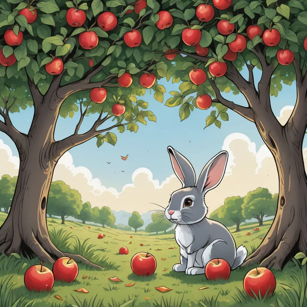 a rabbit sitting under a tree with apples in the ground and a sky background with clouds and trees with red apples, pop surrealism, a storybook illustration, David Martin, storybook illustration