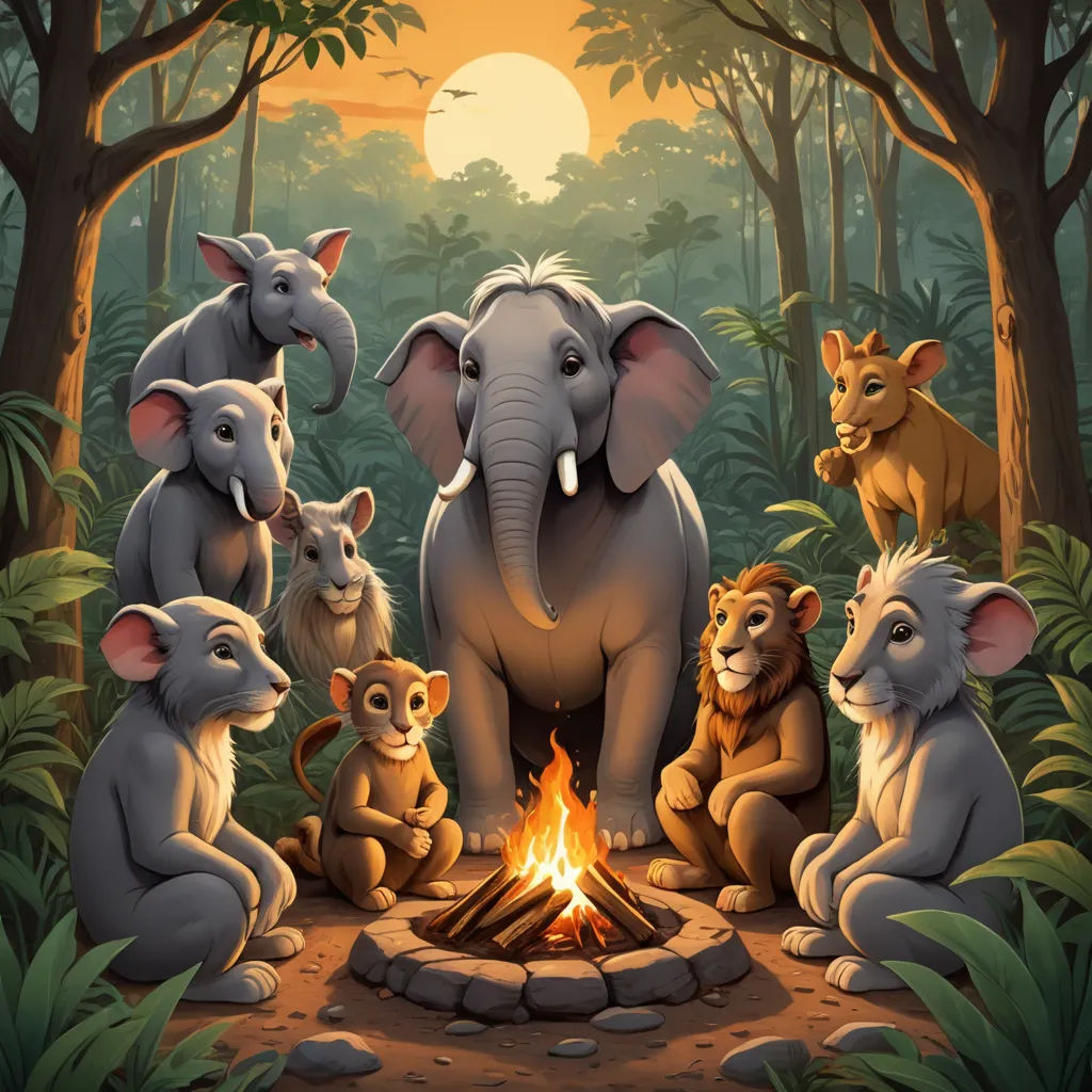 a group of animals sitting around a fire in the forest with a sunset in the background and a forest scene, sumatraism, a storybook illustration, Chris LaBrooy, promotional image