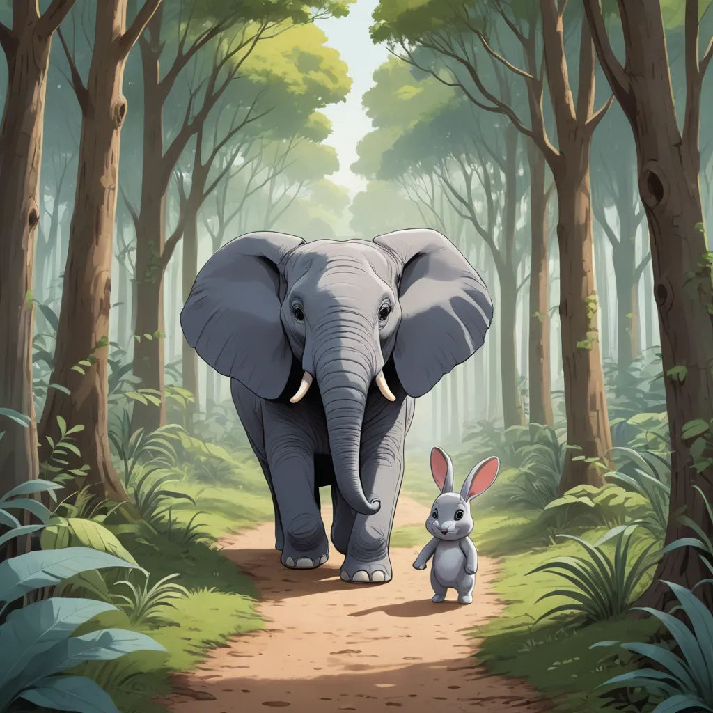 an elephant and a rabbit walking through a forest with trees and bushes on either side of the path,, magical realism, a storybook illustration, Chris LaBrooy, storybook illustration