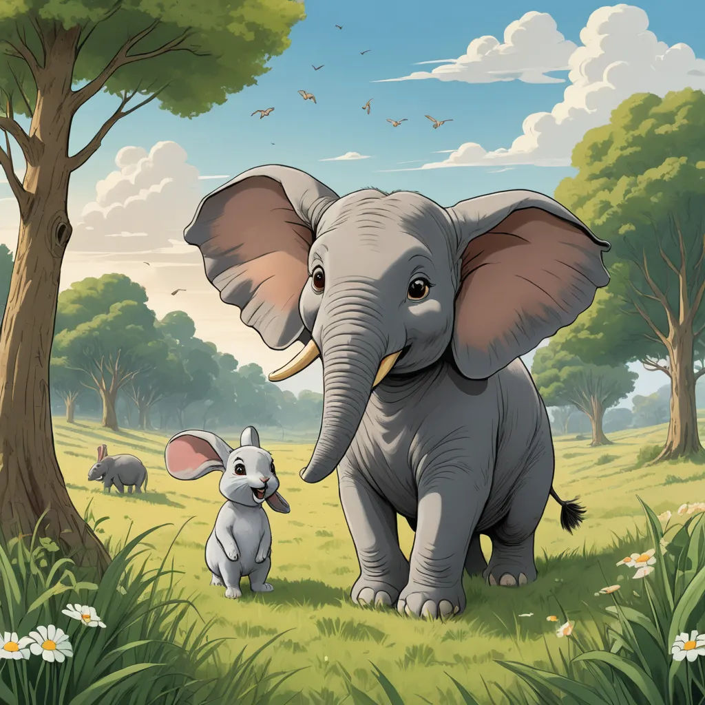 a baby elephant standing next to an adult elephant in a field of grass and trees with a sky background, magical realism, a storybook illustration, Chris LaBrooy, storybook illustration