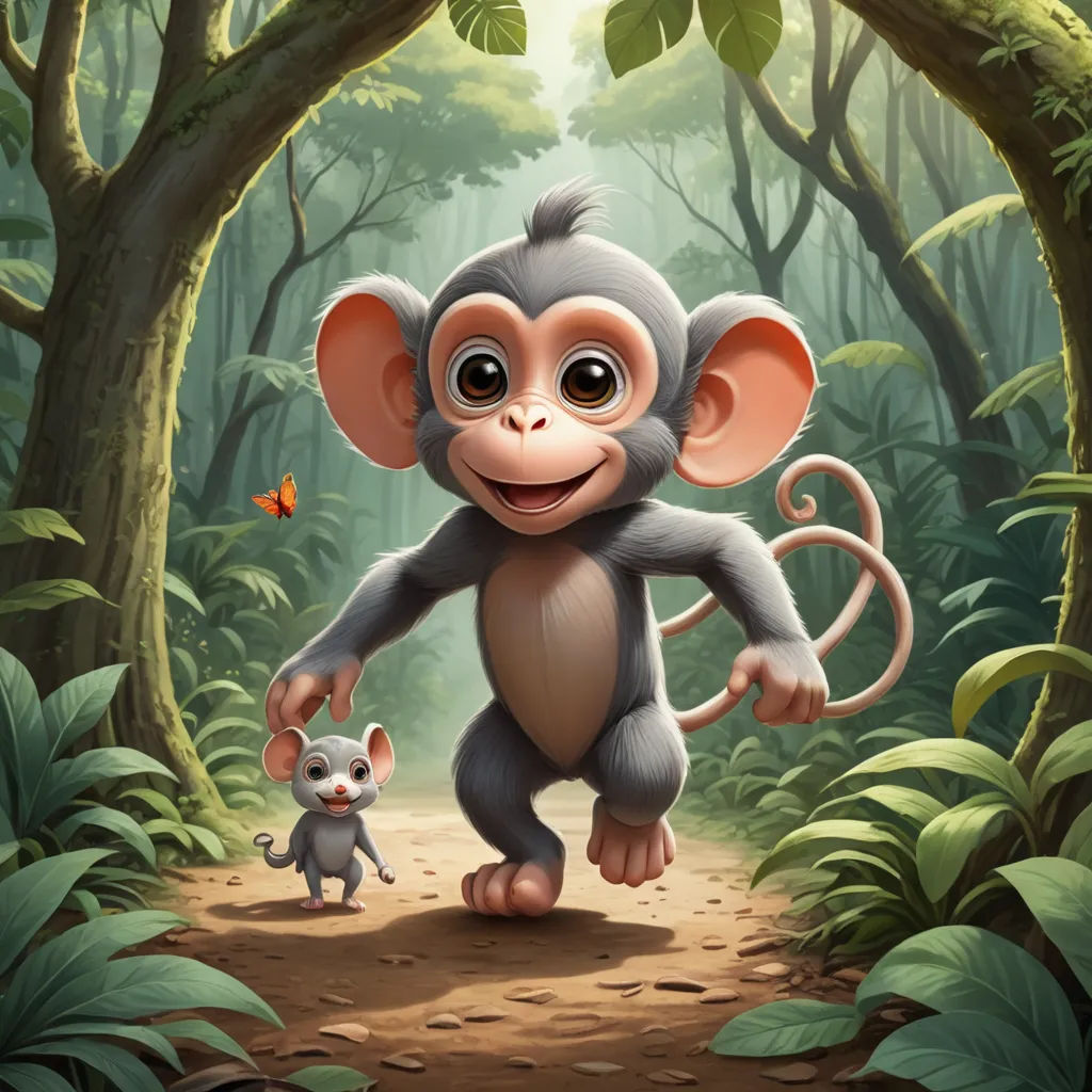 a monkey and a mouse in a jungle with a butterfly on its tail and a tree in the background, sumatraism, a digital painting, Chris LaBrooy, jungle