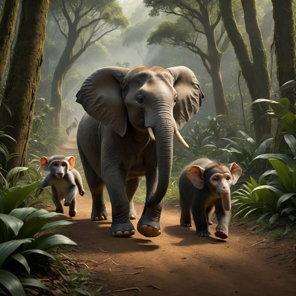 a group of animals walking down a dirt road in a forest with trees and bushes behind them, with a baby elephant in the foreground, sumatraism, a detailed matte painting, Chris LaBrooy, weta digital