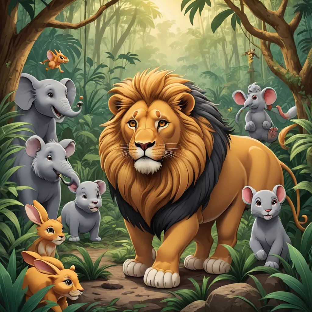 a lion surrounded by many smaller animals in a jungle setting with a baby animal in the foreground and a smaller animal in the background, lyco art, a storybook illustration, Chris LaBrooy, promotional image