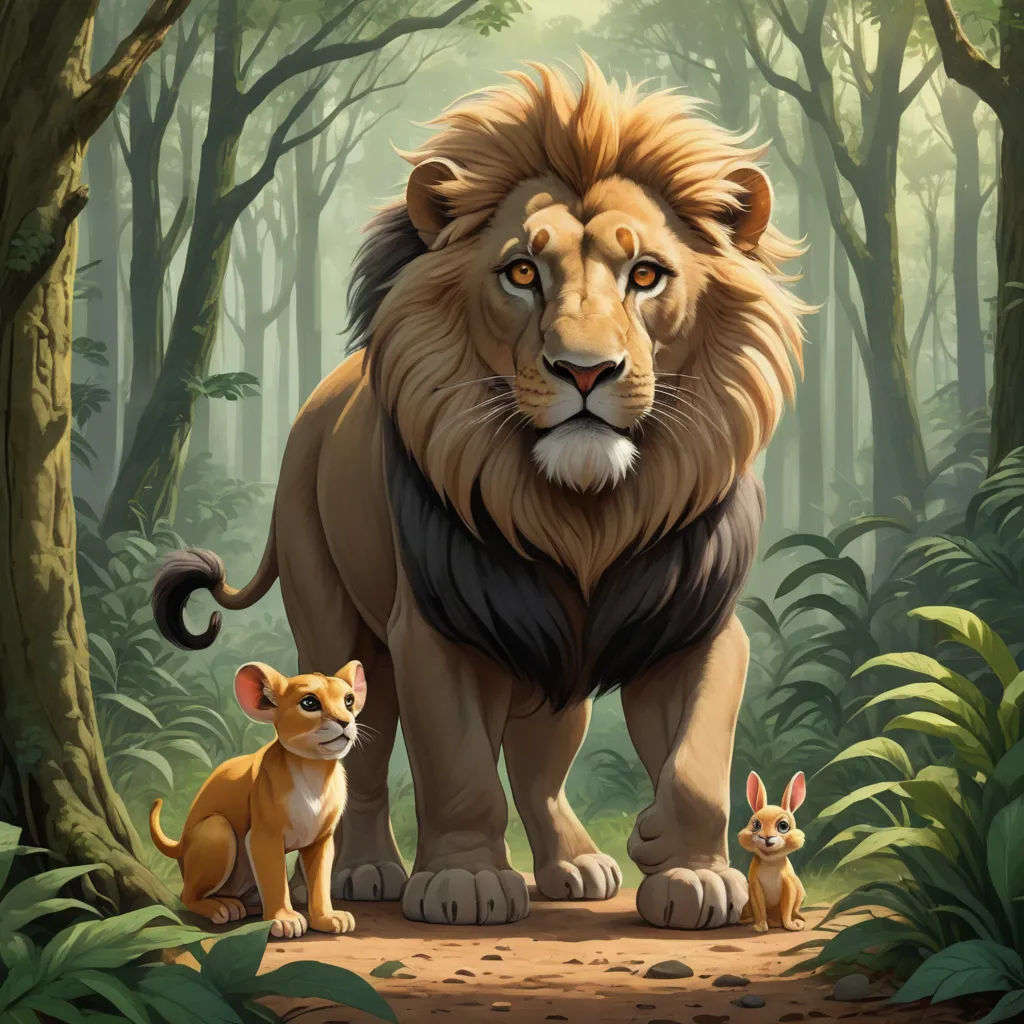 a lion and a rabbit standing in a forest with trees and bushes behind them, with a baby lion in the foreground, furry art, a poster, Chris LaBrooy, official art
