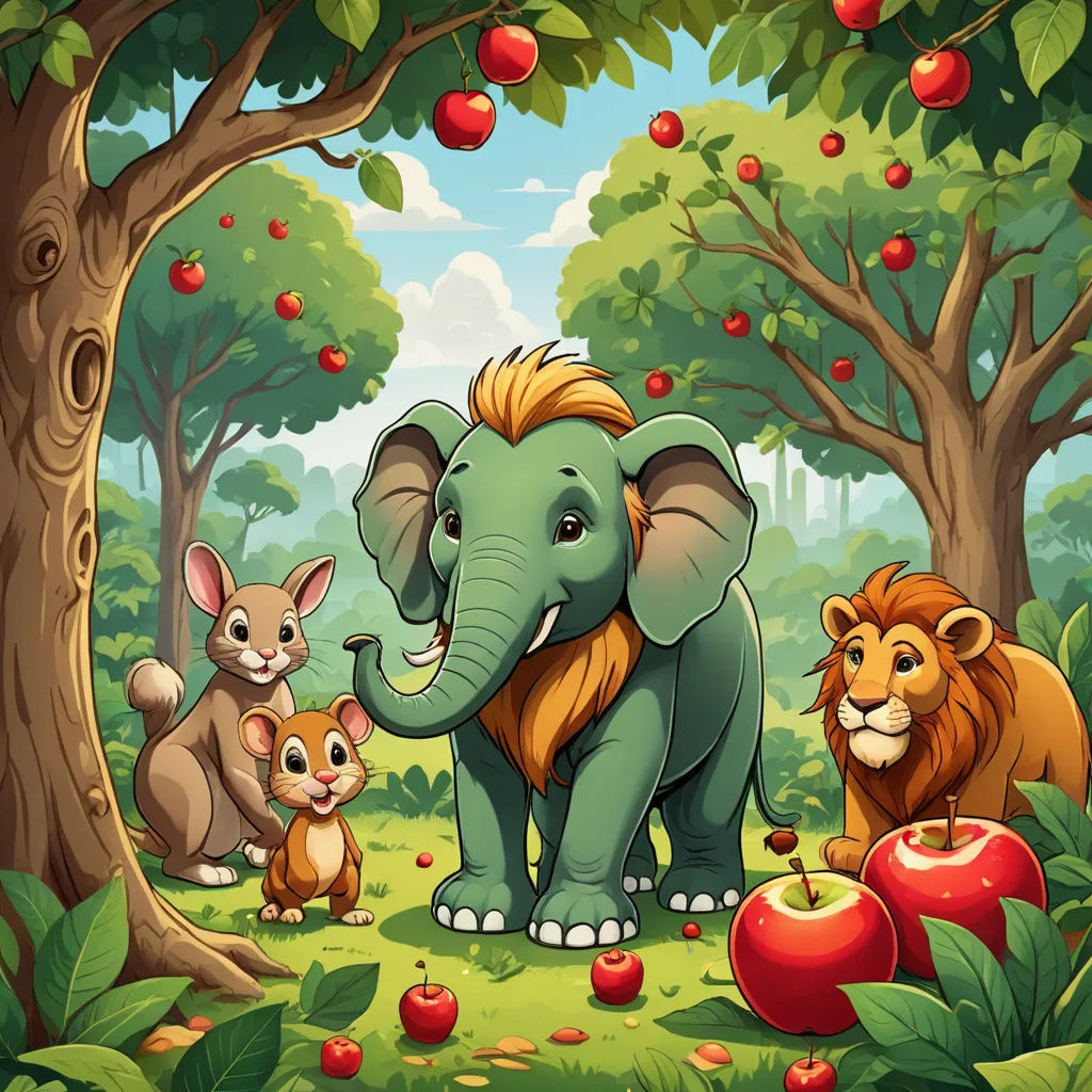 a group of animals in a forest with apples and trees in the background, with a baby elephant standing next to it, sots art, a storybook illustration, Chris LaBrooy, jungle