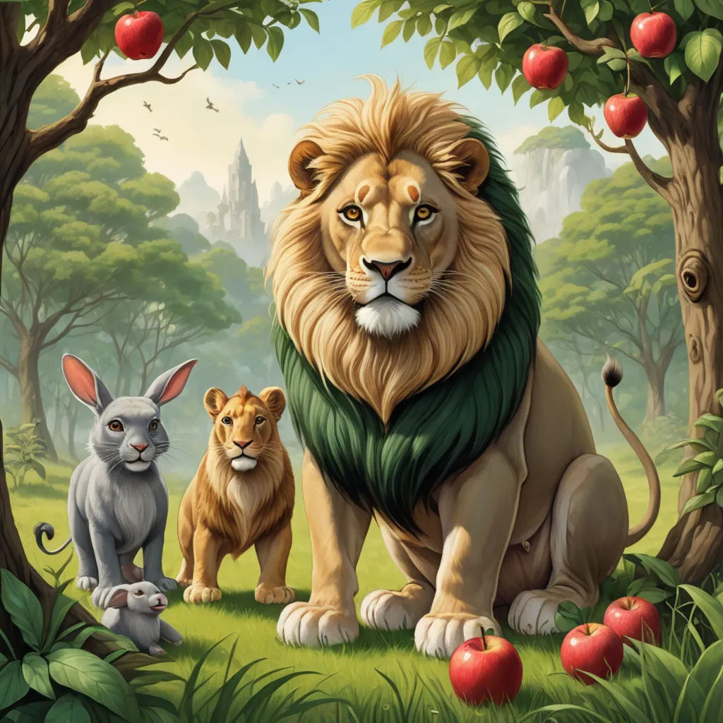 a lion and two rabbits in a forest with apples on the trees and a castle in the background with a castle in the background, pop surrealism, a storybook illustration, Chris LaBrooy, storybook illustration
