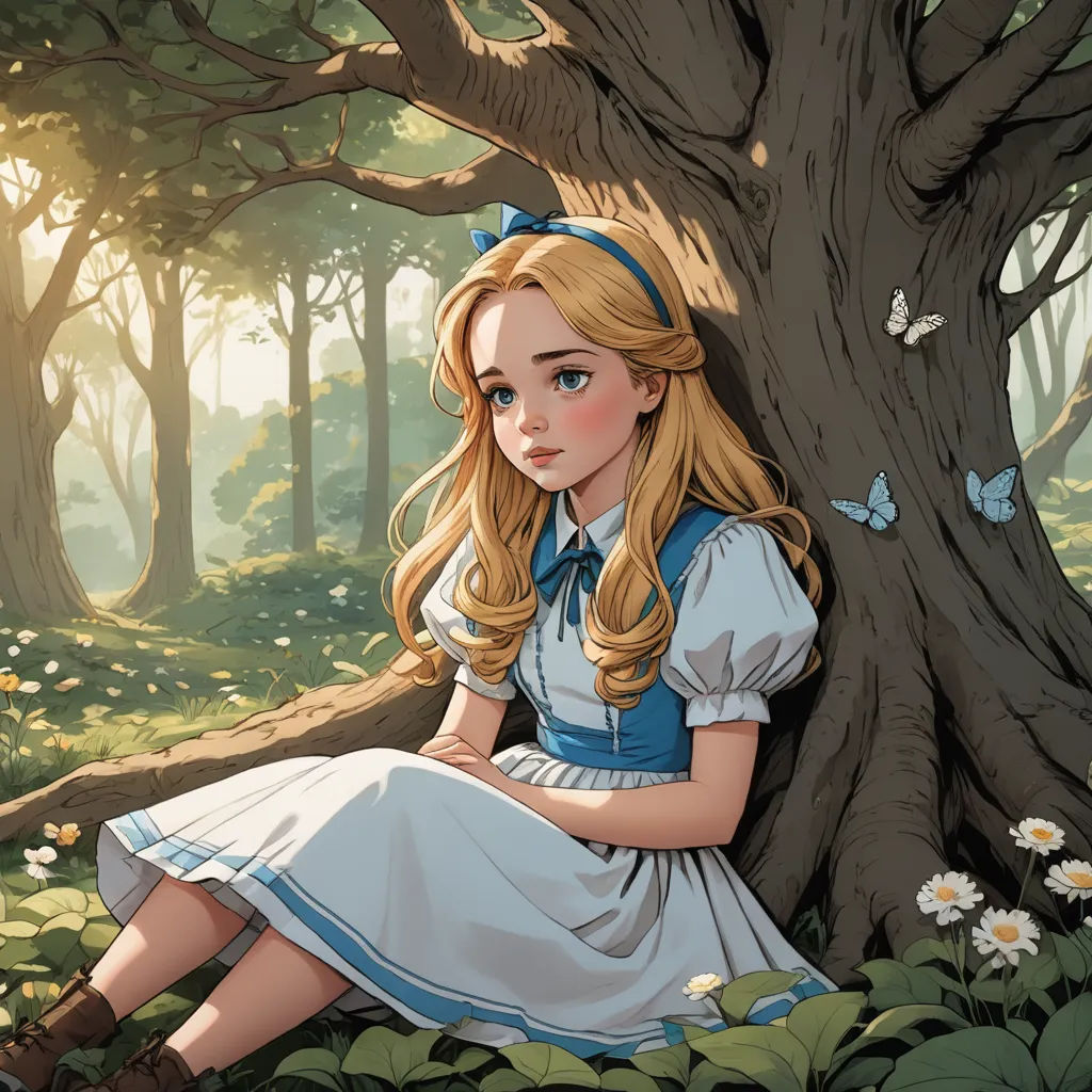 a girl sitting in the grass next to a tree with a butterfly on it's head and a butterfly on her shoulder, fantasy art, a storybook illustration, Alice Prin, rossdraws global illumination