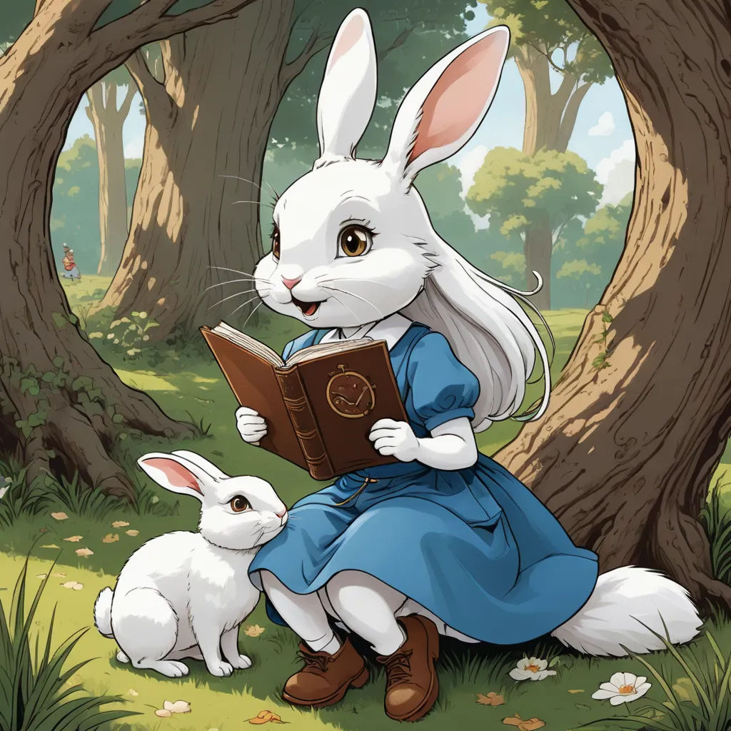 a white rabbit reading a book next to a white rabbit in a forest with trees and flowers on the ground, fantasy art, a storybook illustration, Beatrix Potter, storybook illustration
