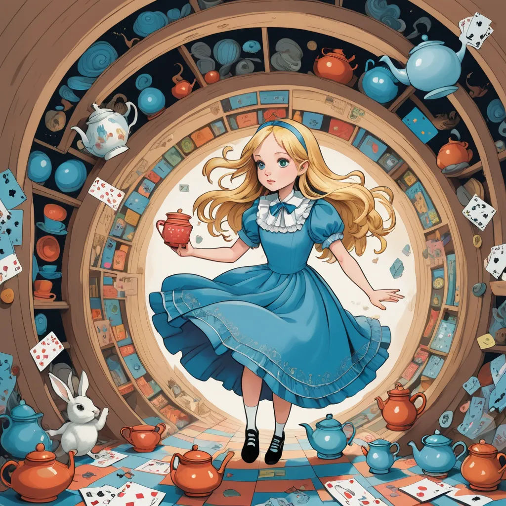 a cartoon of a girl in a blue dress surrounded by teapots and other items and a rabbit, magical realism, a storybook illustration, Alice Prin, rossdraws global illumination
