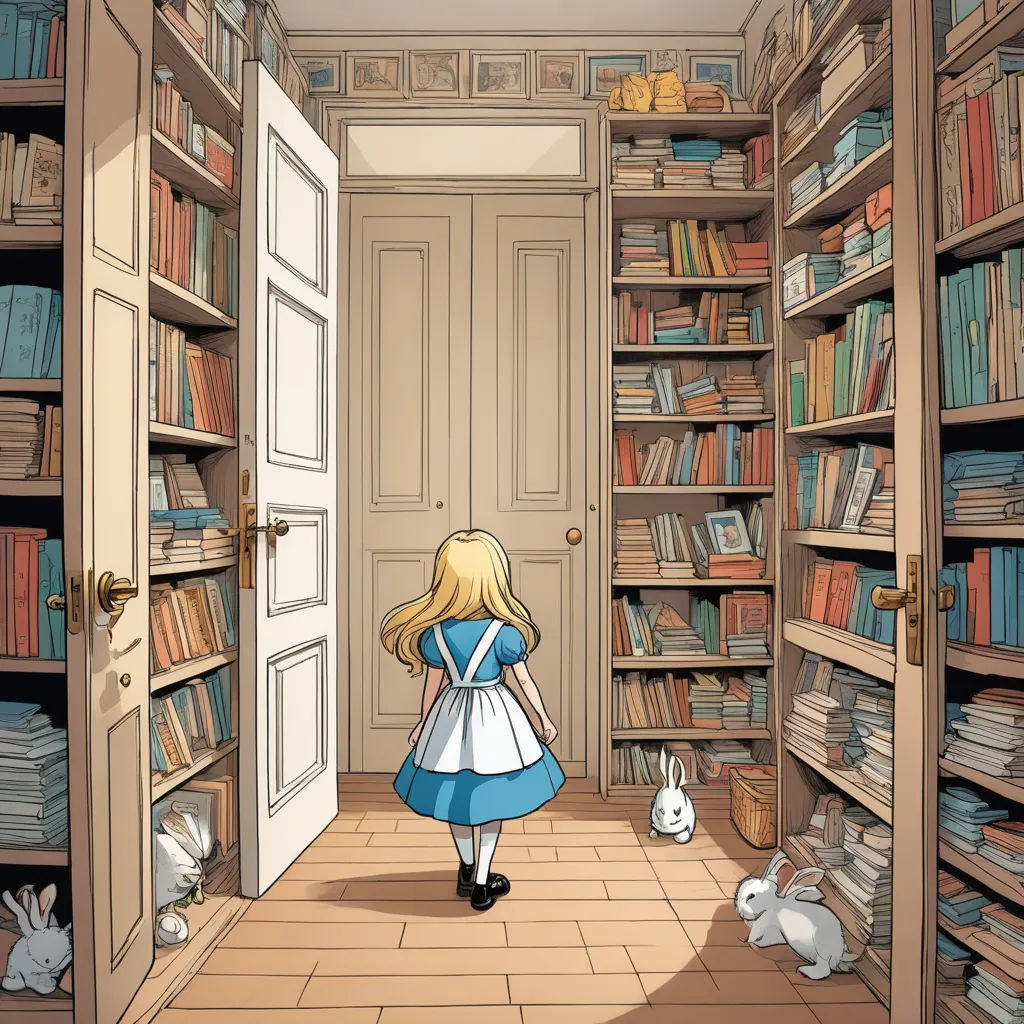 a little girl is walking into a library with a door open to a room full of books and stuffed animals, magical realism, a storybook illustration, Alice Prin, storybook illustration