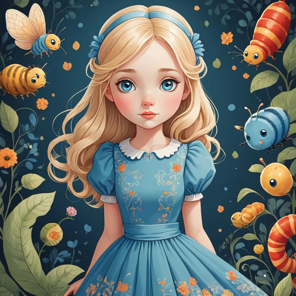 a painting of a girl in a blue dress surrounded by bees and flowers and a fish in the background, pop surrealism, a storybook illustration, Alice Prin, highly detailed digital painting