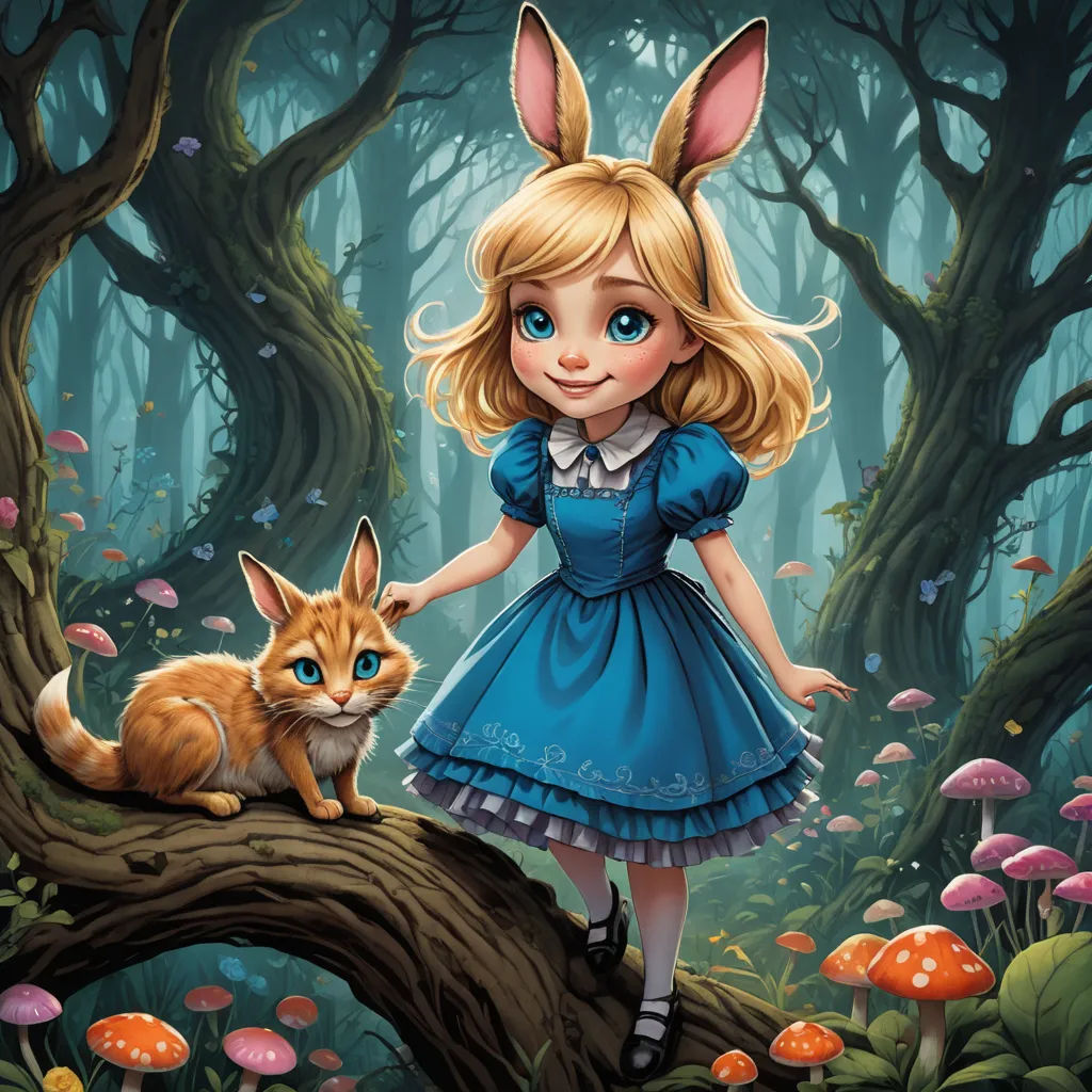 a painting of a girl and a cat in a forest with mushrooms and mushrooms on the ground and trees, fantasy art, a storybook illustration, Alice Prin, official art