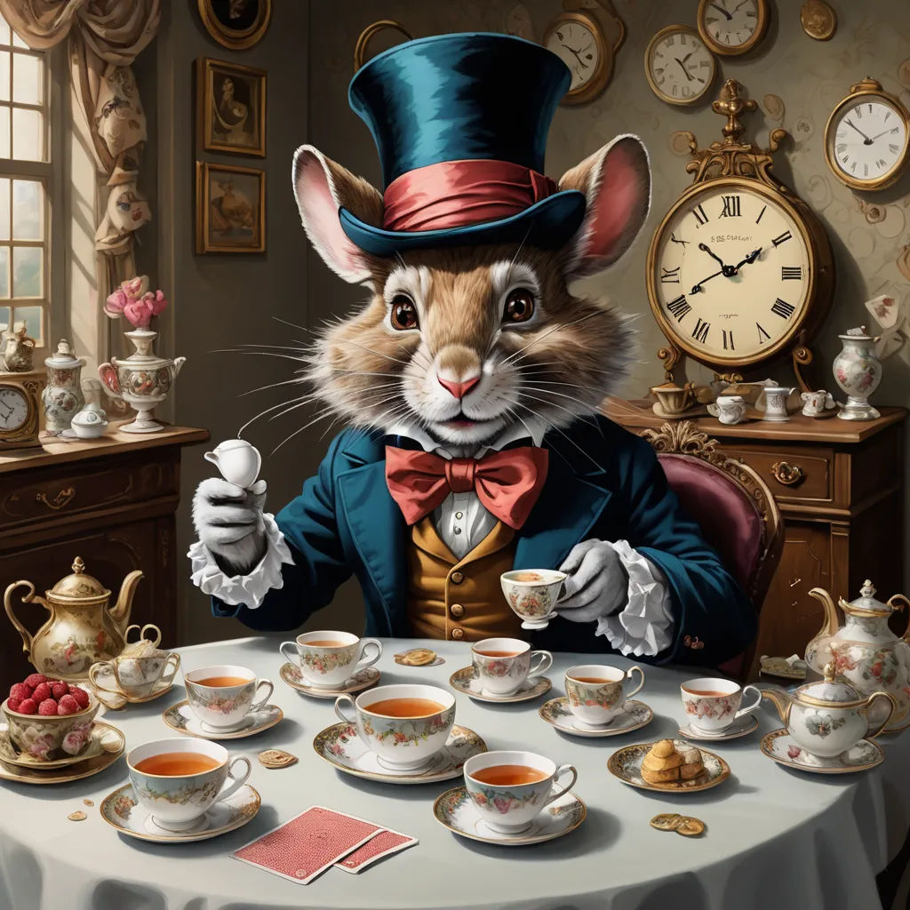 a painting of a mouse in a top hat sitting at a table with tea cups and a clock in the background, fantasy art, a storybook illustration, Chris LaBrooy, highly detailed digital painting