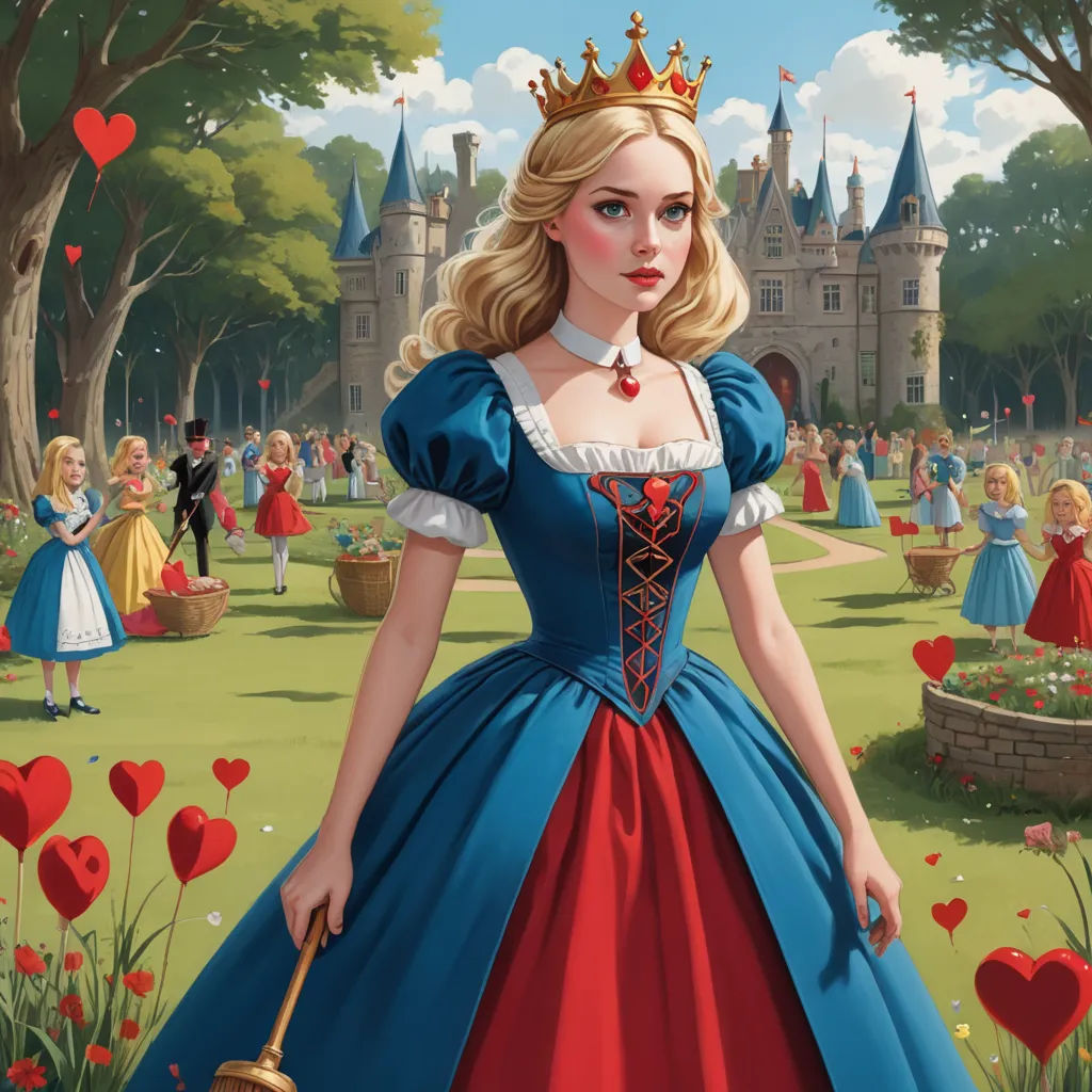 a painting of a woman in a blue dress with a red dress and a crown on her head and a crowd of people in the background, fantasy art, a storybook illustration, Charlie Bowater, official art
