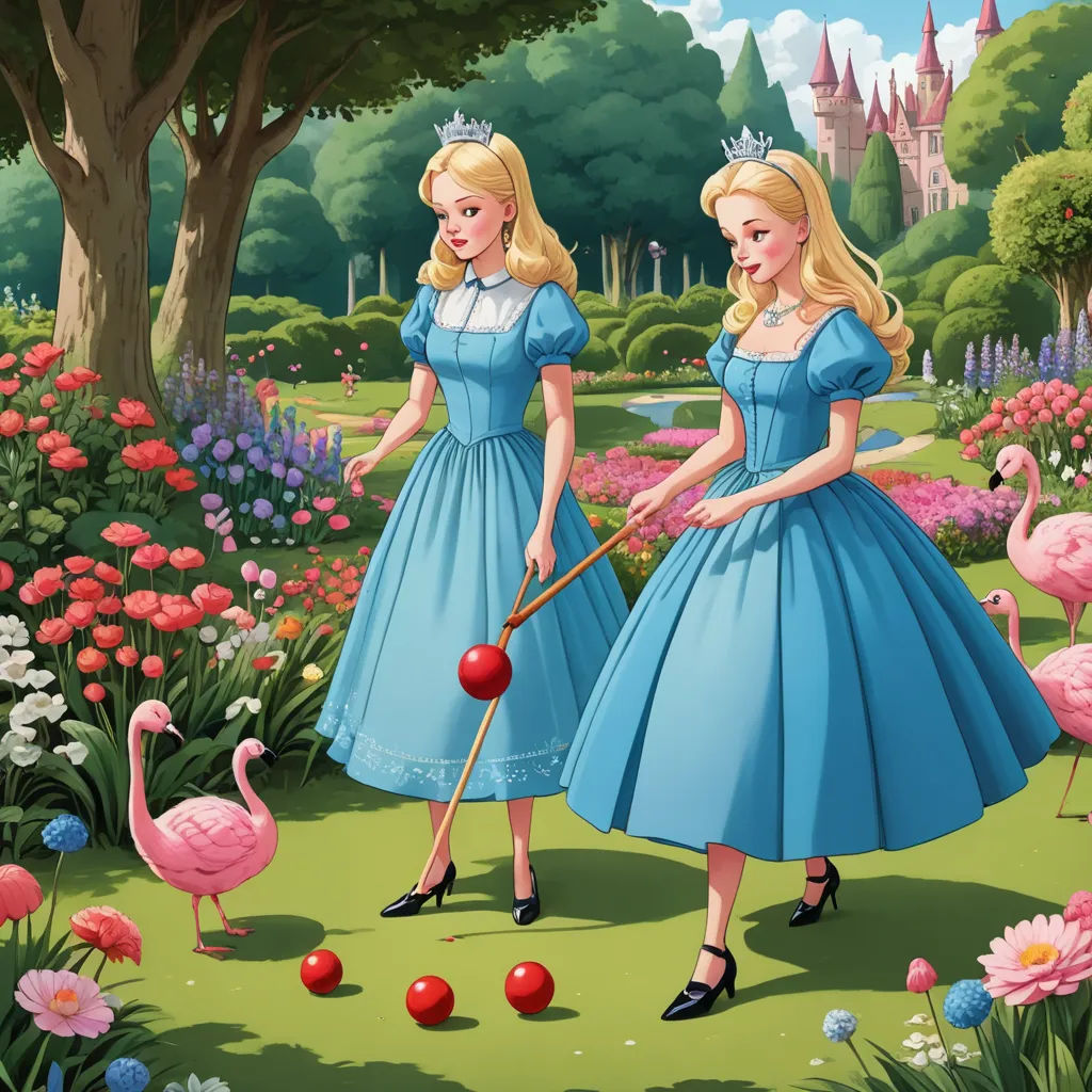 a painting of two girls in blue dresses playing with a ball and a flamingo in a garden with flowers, magical realism, a storybook illustration, disney, rossdraws global illumination