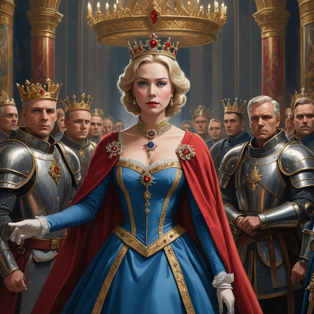 a woman in a blue dress surrounded by men in armor and wearing crowns and holding a sword in her hand, sots art, a detailed painting, Clint Cearley, trending on artstation hq