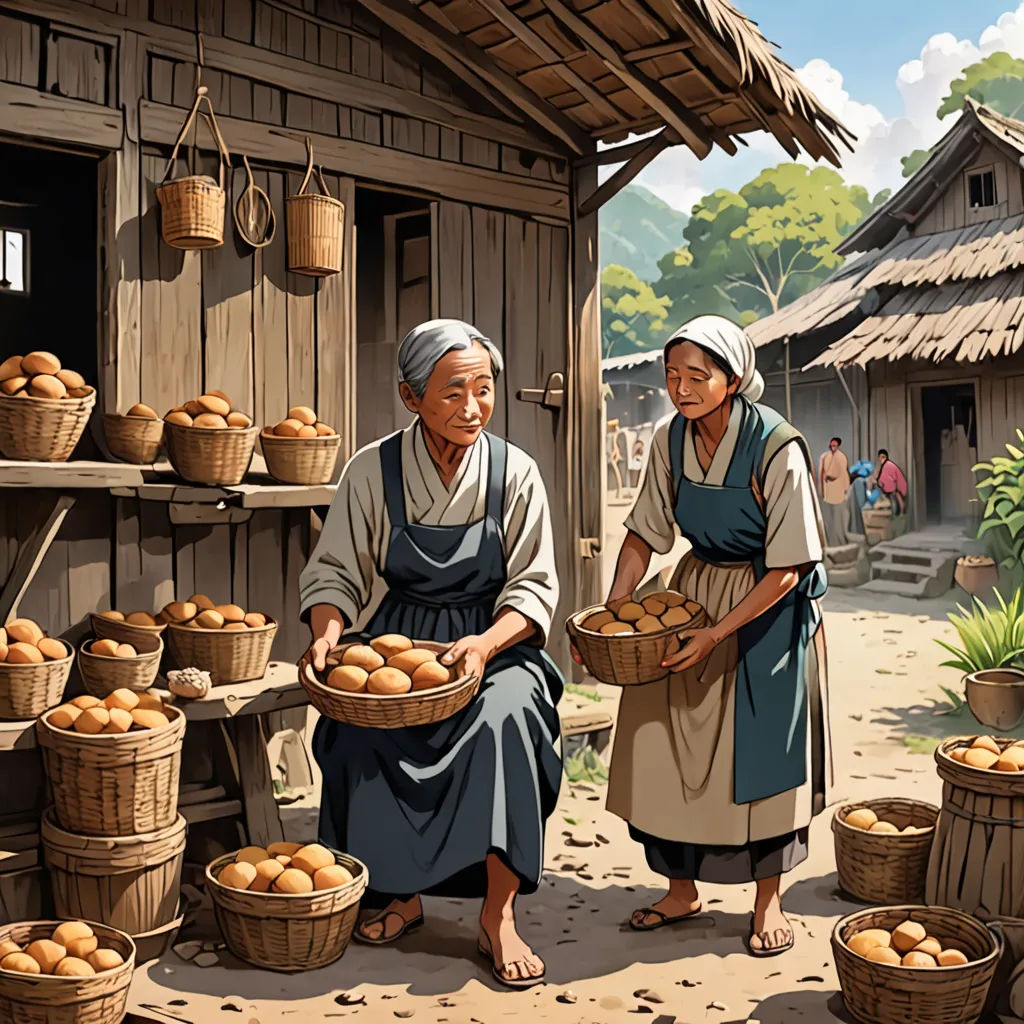 a painting of two women selling eggs in a village setting with a hut in the background and a woman standing in front of a hut, fantastic realism, a detailed matte painting, Byeon Sang-byeok, detailed illustration