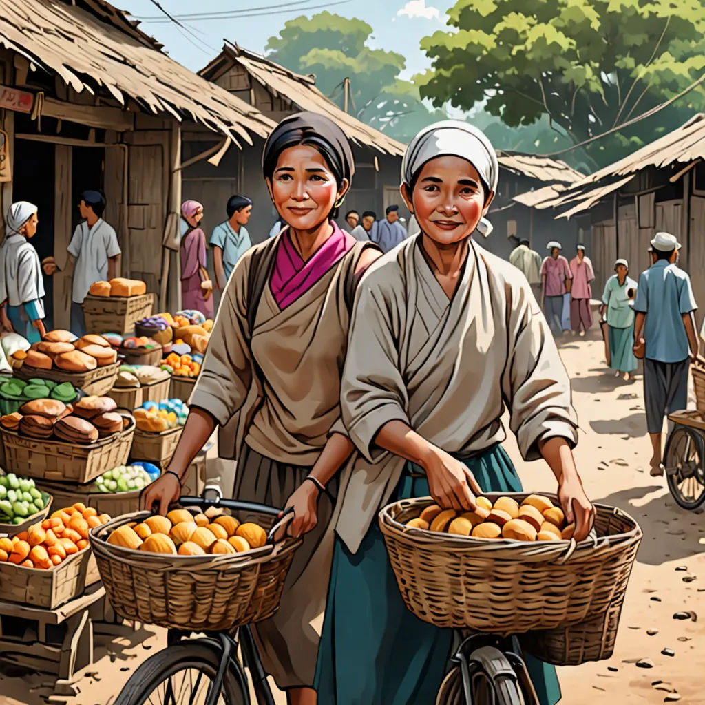 a painting of two women carrying baskets of fruit on a street side market area with people walking around and a man on a bicycle, figurative art, a detailed matte painting, Ding Guanpeng, highly detailed digital painting