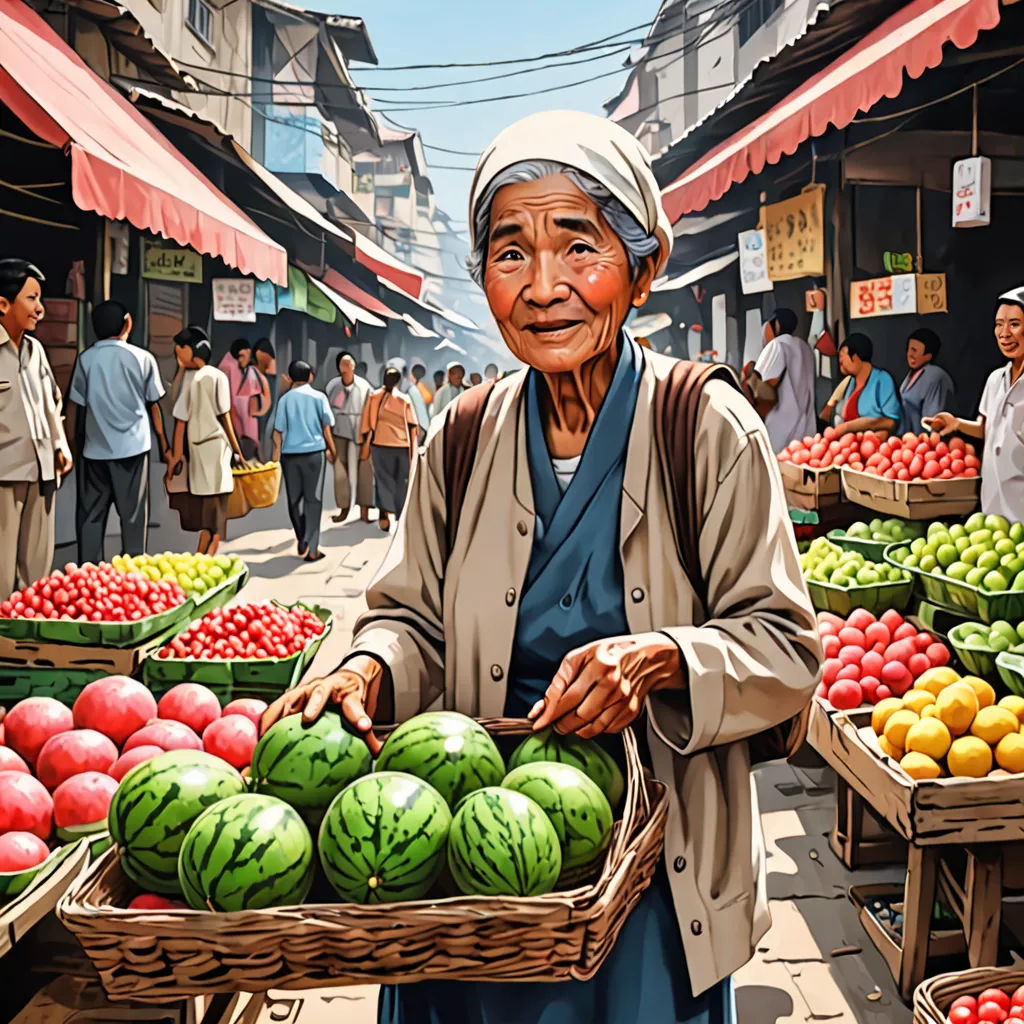 a woman holding a basket of watermelon in a market place with other fruit and vegetables in the background, photorealism, a photorealistic painting, Dan Mumford, highly detailed digital painting