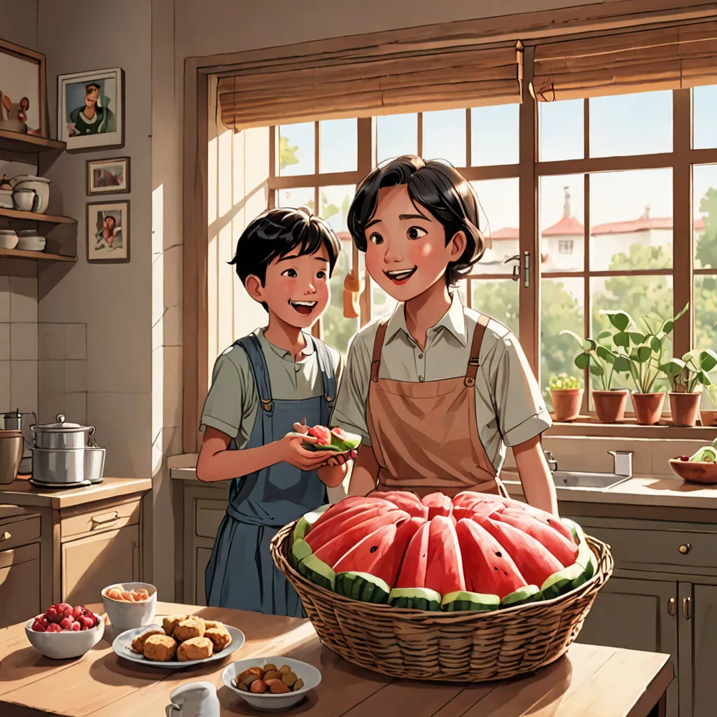 a boy and girl standing in a kitchen with a watermelon basket on the counter and a bowl of fruit on the counter, art & language, a storybook illustration, Atey Ghailan, trending on art station
