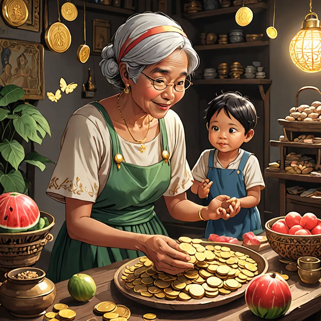 a woman and a child are making cookies together in a kitchen with a lot of gold coins on the table, magical realism, a storybook illustration, Byeon Sang-byeok, storybook illustration